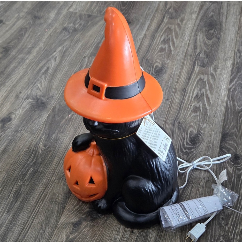 Black Cat Witch Hat Pumpkin Blow Mold 19in Plastic Orange Black Halloween Decor - Picture 7 of 7
